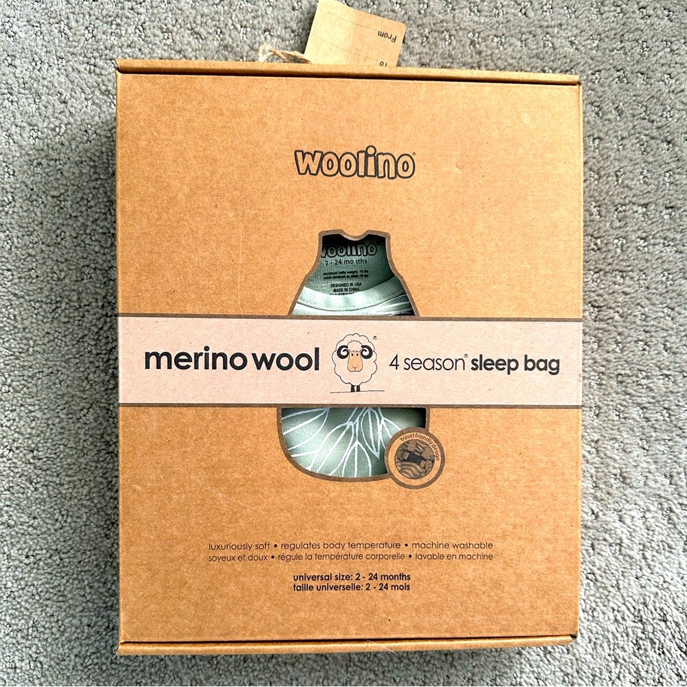 Woolino sage green sleepsack 2-24 months, new in box!